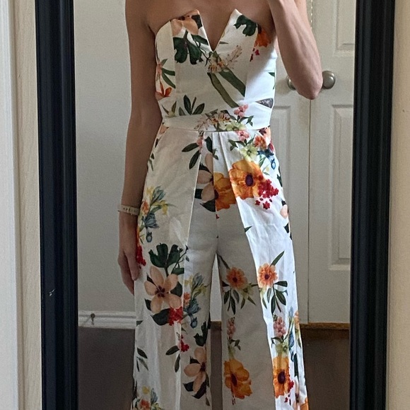 Fashion Nova white multicolor floral strapless cut outs wide leg jumpsuit - Picture 3 of 14